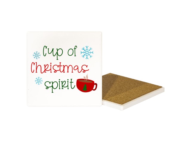 white ceramic christmas coaster with cup of christmas spirit design
